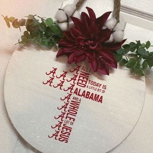 Handmade alabama/auburn football cross door hanger